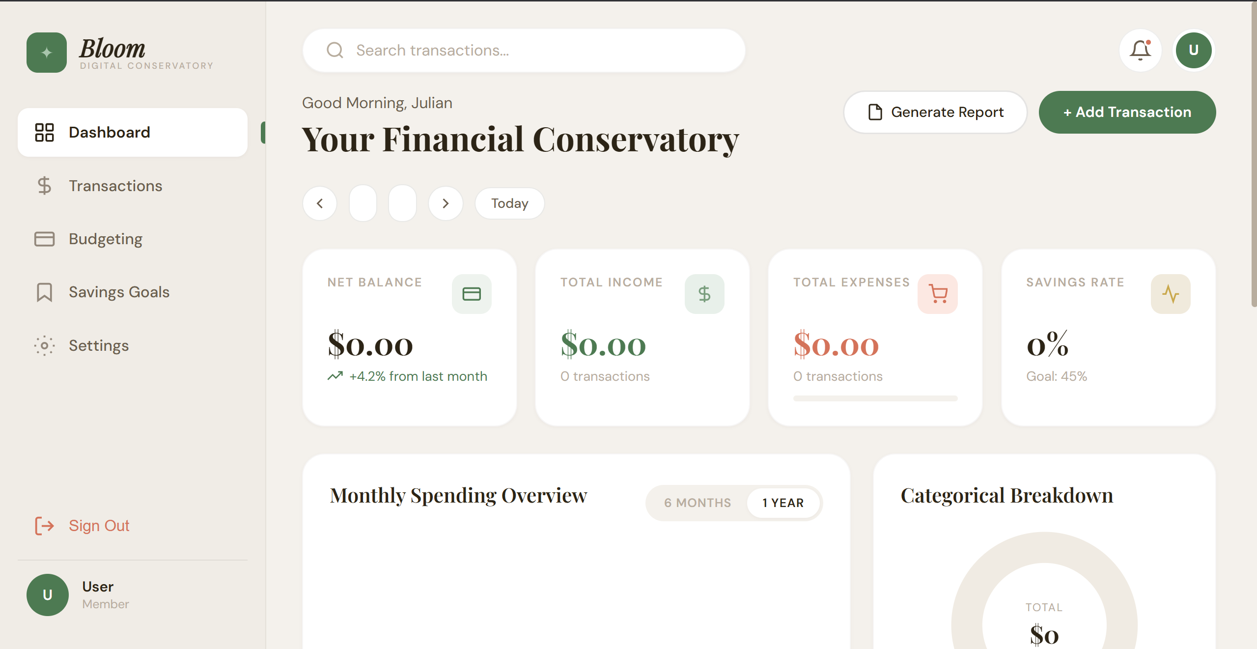 Bloom Dashboard Preview — Income, expense, and budget tracking interface with charts, transaction history, and category breakdowns.